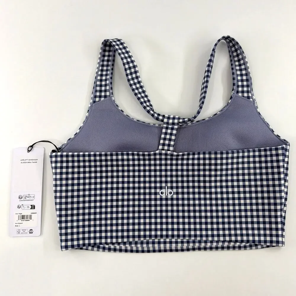 Alo Yoga Airlift Gingham Sleek Bra Tank Navy Size L